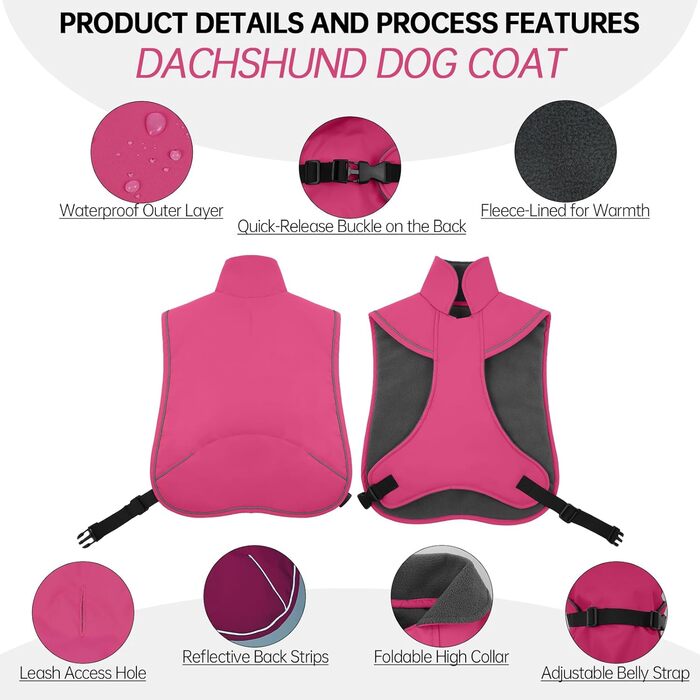 Зимовий теплий дощовик для собак Такса (M), рожевий. Захист від вітру та вологи, з отвором для повідка. Тепла куртка для собак великих порід.