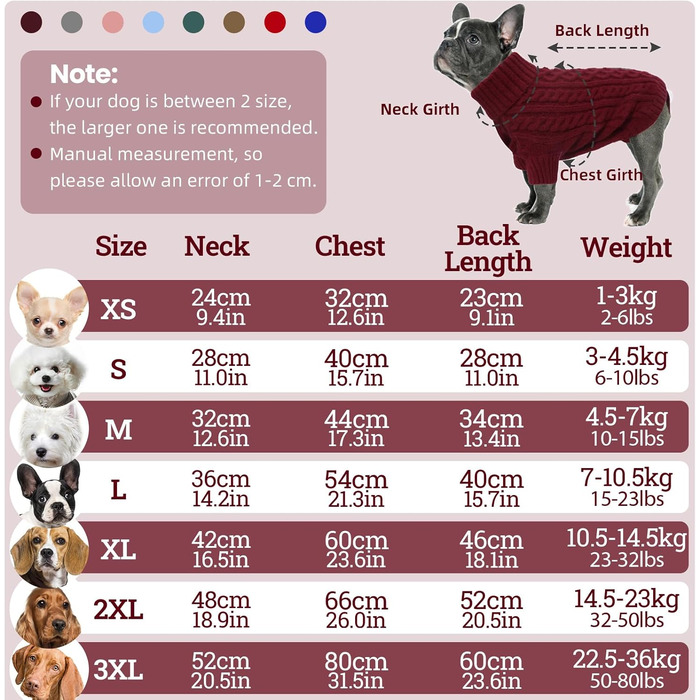 Теплий новорічний светр для собак, рогатка, бургерний червоний, для французького бульдога, такси, середніх собак (L, груди 54 см, спина 40 см)