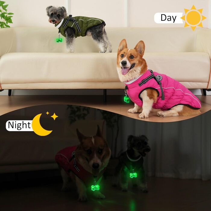 Зимовий одяг для собак, теплий водонепроникний одяг для собак з шлейкою, світловідбиваючі смуги, LED-ошийник, зимові куртки та одяг для маленьких та середніх собак, рожевий, розмір S