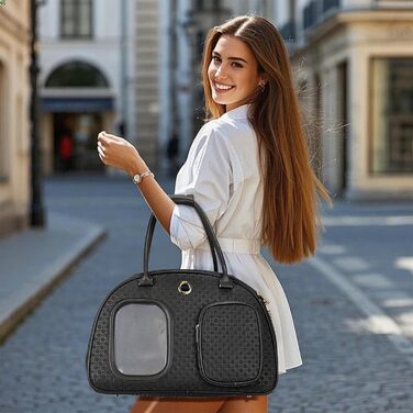 Сучасна розкішна переноска для собак, вентильована переноска для домашніх тварин, м'які стінки, для цуценят, маленьких тварин з кишенею, чорна, 42.9 x 22.9 x 30 см, 16.9 x 9 x 11.8 дюймів