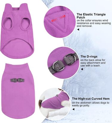 Пуловер для собак BEAUTYZOO з флісу, теплий зимовий пуловер для малих та середніх собак, куртка з D-кільцем, фіолетовий, розмір L (обхват грудей 48.2 см)