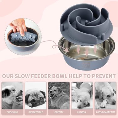 Миска для собак 2 в 1 Slow Feeder з нержавіючої сталі Bestalk, миска для корму з антиковзким дном, 304, сірий колір, 5 чашок