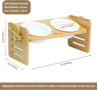 Підставка для корму для собак та котів, регульована висота, керамічна миска з бамбуковим підставкою, нахилена платформа для котів та маленьких собак (40*16)