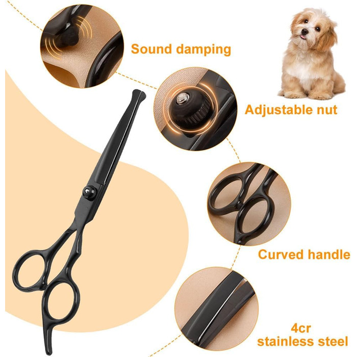 Набір професійних ножиць для собак 6-в-1 з круглим наконечником, чорний нержавіючий сталь, з серветкою для догляду за шерстю собак, котів та інших тварин