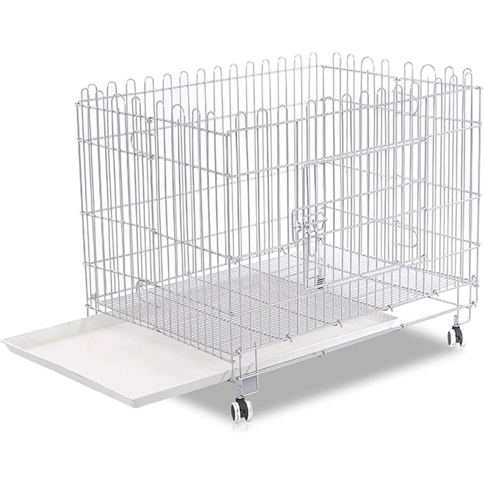 Клітка для собак, переноска для собак, складана з металу, біла. Підходить для маленьких та середніх собак. З піддоном та коліщатками.