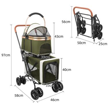 Дитяча коляска для тварин, бугі, складна, для собак та котів, з дихаючого мережива + водонепроникний оксфорд 300D + 4 колеса, переносна сумка для собак, складна до 20 кг (92 x 56 x 33 (зелений, 97*58*46))
