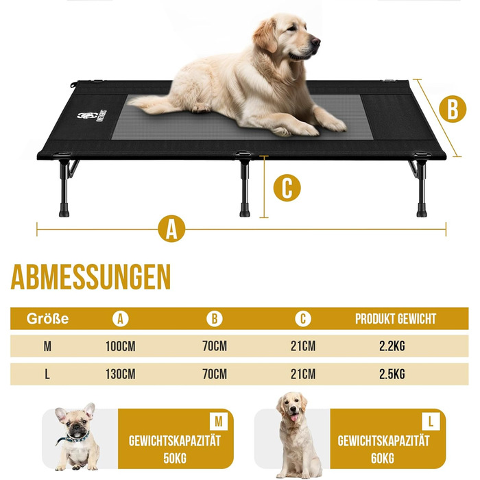 OneTigris лежанка для собак Outdoor, піднята лежанка 21 см, 130x70 см, зручна та дихаюча, міцна, легко миється, для кемпінгу, чорна L