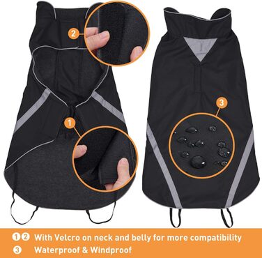 Водонепроникний собачий плащ/куртка з отвором для коміра, на липучках, з флісовою підкладкою, зі світловідбиваючими елементами, зимовий, для середніх та великих собак, чорний, 4XL, 1 шт.