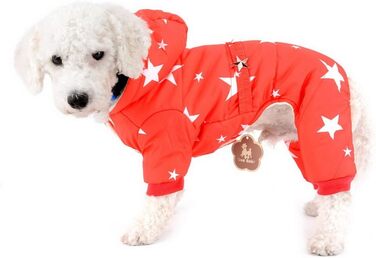 Зуена Зимовий теплий костюм для собак з капюшоном, флісовою підкладкою та зірковим поясом. Водонепроникний костюм для собак, теплий одяг для собак, худі, комбінезон для котів, цуценят, чихуахуа. Розмір L (спинка 30 см, груди 42 см), червоний