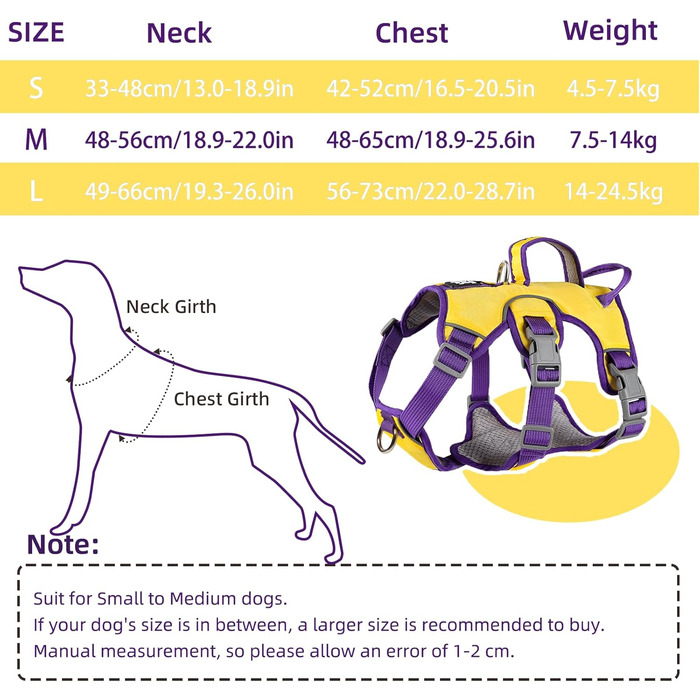 Нашийник для собак від виривання, нашийник-запобіжник з двома ручками та двома карабінами для собак середніх та маленьких порід, цуценят (чорний) з двома передніми карабінами (M, жовтий)