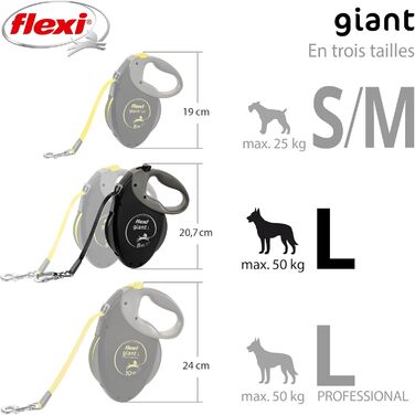 Flexi Giant Plus 8 м рулетка для собак до 25 кг, неонова стрічка, підвищена видимість, міцна та ергономічна система гальмування, чорна