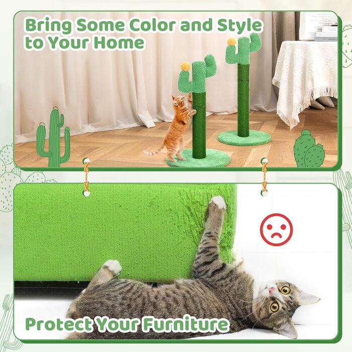 Когтеточка для котів Happy & Polly Кактус, джутова, 50 см, міцна основа, для кошенят і дорослих, зелена