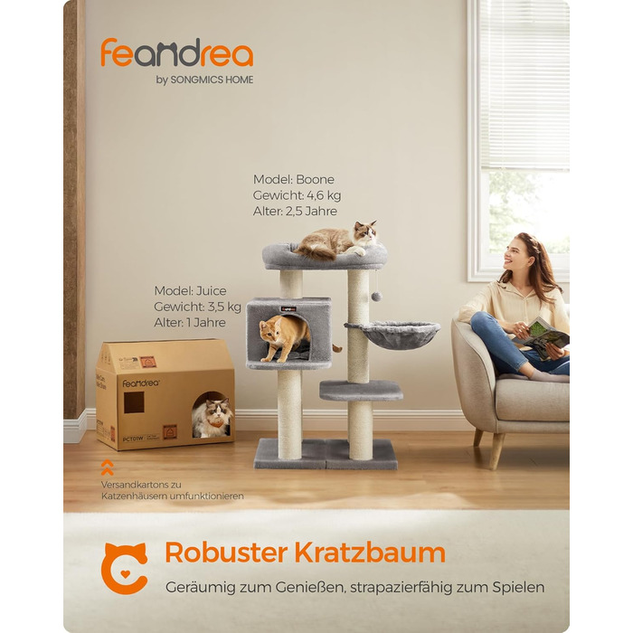 Драбина для котів Feandrea XXL: міцна, з 6 товстими стовпчиками, платформа, будиночок, кошик, сіра