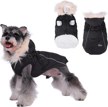 Теплий зимовий одяг для собак: курка з начосом, світловідбиваючими смугами та двома D-кільцями. Розмір M, чорний колір.