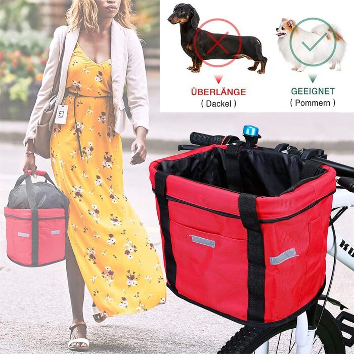Фалцфальтерний велосипедний кошик для собак, передній велосипедний кошик, легко встановлюється, знімний велосипедний кошик-сумка, з адаптером керма для маленьких собак, для покупок, пікніків (червоний)