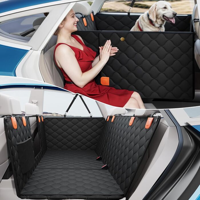 PETICON Розширювана підстилка на заднє сидіння для собак, чохол на автосидіння, жорстка основа, витримує 180 кг, водонепроникна підстилка для собак, захист заднього сидіння з сіткою для автомобілів, вантажівок та позашляховиків