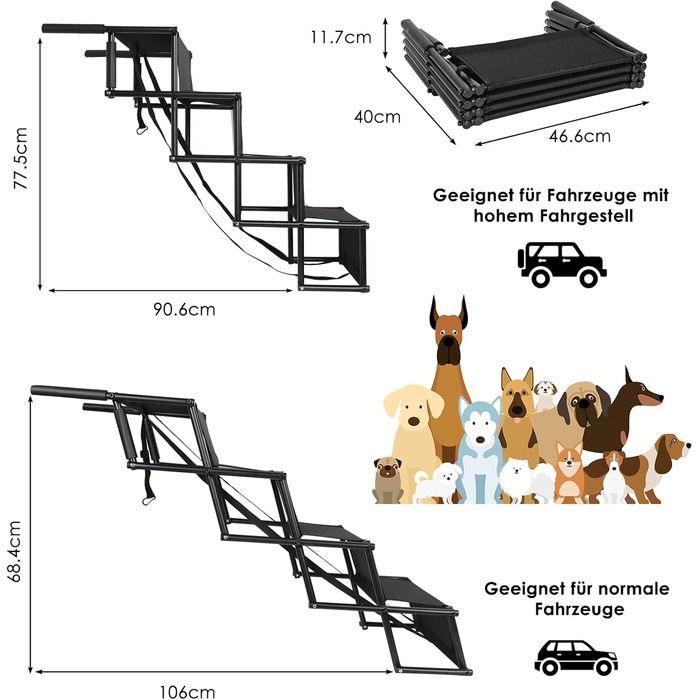 Сходи для собак Caliyo, 4 сходи, авто, до 75 кг, чорний, регульована висота, для великих собак, для авто, диванів та ліжок