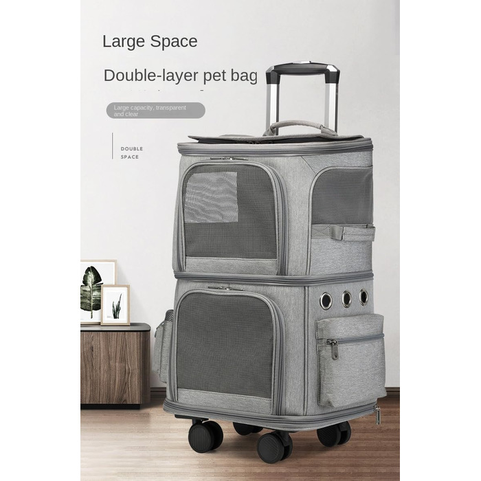 Рюкзак-переноска для кота та собаки з двома відділеннями та знімними колесами (сірий)