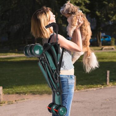 Візок для собак Regenschirm Hundebuggy для маленьких собак 10-9 кг, складний, легкий (4,1 кг), з подвійним ременем на плечі, кошиком для зберігання, тримачем для напоїв, темно-зелений