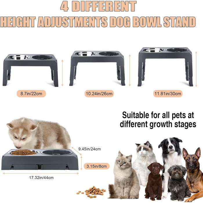 Підвищений годівниця для собак, регульована висота, підставка, 4 рівні, повільне годування, миска для собак з нержавіючої сталі для малих, середніх та великих собак (сіра)