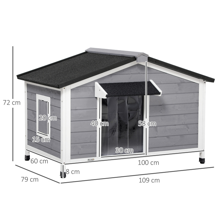 PawHut Fir Wood Dog Fornel Атмосферостійка будка для собаки з відкривається асфальтовим дахом і знімним дном сірого кольору 109x79x72см для великих собак