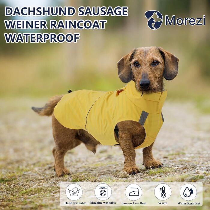 Водонепроникний дощовик для собак Morezi з відбиваючими смугами та захистом живота - Легко одягається (липучка) - для Такс та Коргі - Жовтий - XL X-Large (Обхват грудей: 55-58 см)