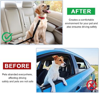 Ремінь безпеки для собак у машину, подвійний, еластичний, регульований з амортизатором та карабіном для маленьких та середніх собак (чорний)