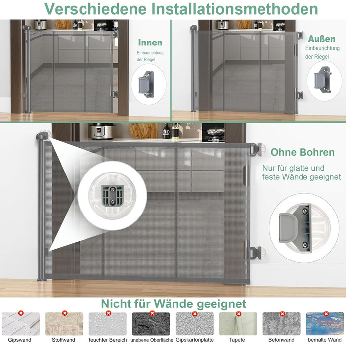 Захист для сходів з замком, висувний захист для дітей та собак, 150 см ширина, 83 см висота, автоматичне блокування (140см, сірий)