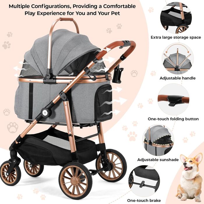 Візок для собак MAMIZO 4-в-1, до 25 кг, з амортизаторами, складний, для котів та собак (сірий)