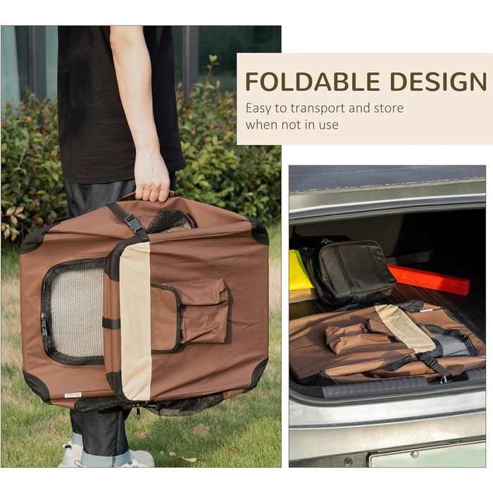 PawHut переносна сумка для собак та котів, складана, з вікнами, м'який килимок, 2 плечові ремені, 60x41x41 см, коричнева