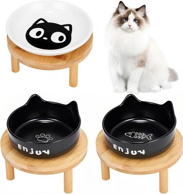 Миски для котів Erhöhte Katzen-Becher, широкі миски для котів з кераміки на бамбуковому підставці для домашніх тварин, миски для корму або води, зручні для вусів, для маленьких собак та кошенят в приміщенні (білі(2шт)) (чорні(3шт))