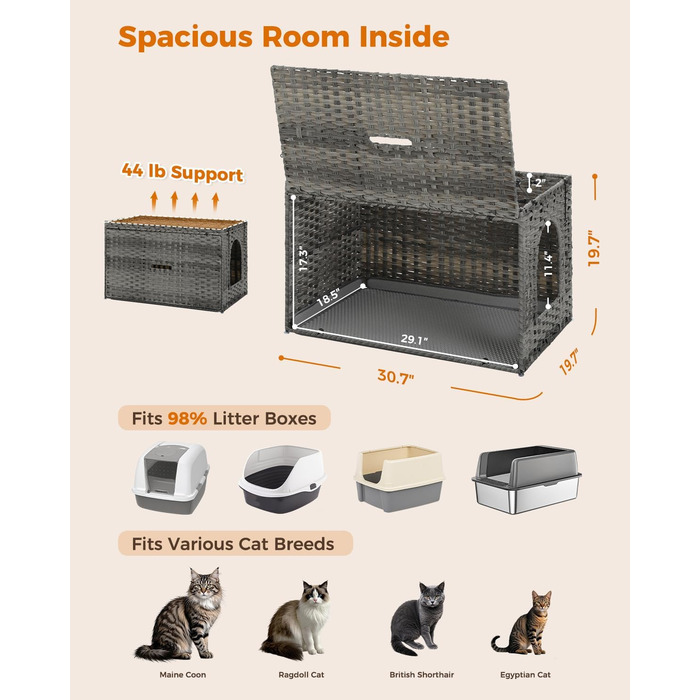 MUTTROS туалет для котів з ротанга, прихований туалет для котів, меблі з ручної плетіння, з високою дверцятами та піднятим бортиком, котячий будиночок-шафка для великих котів, для дому, вітальні, сірий