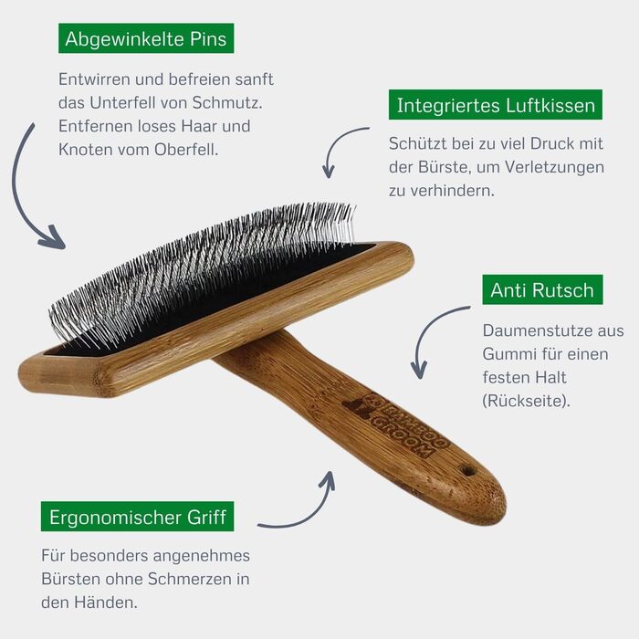 Щітка BAMBOO GROOM для шерсті собак і котів, L, з бамбука, з зігнутими сталевими голками для підшерстя, універсальна для всіх типів шерсті