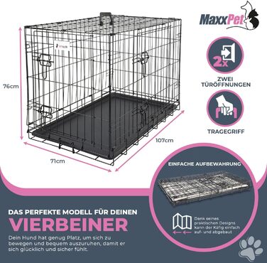 MaxxPet Клітка для собак XL металева, складна, з двома дверима, подушкою та поїлкою, для великих порід, чорна, 107x71x76 см, для дому та вулиці
