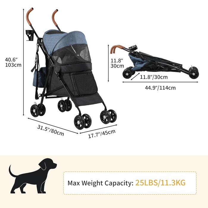 Візок для собак та котів DWVO, 11.3 кг, складаний, з подушкою та кошиком для зберігання, блакитно-чорний (45x80x103 см)