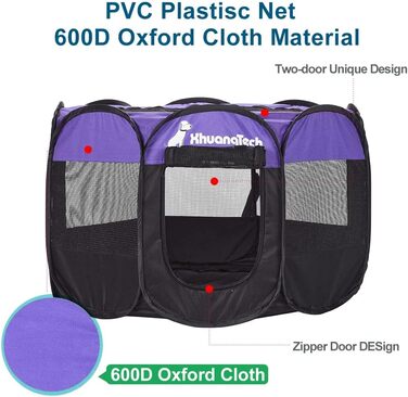 Клітка-манеж для тварин XhuangTech: собаки, коти, цуценята, 80x80x58,4 см, м'який матеріал, портативна, складана, для дому та вулиці, фіолетовий/чорний