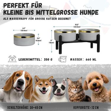 Керамічна годівниця для собак на підставці з нержавіючої сталі - подвійний набір мисок для собак, невеличких та середніх порід - неслизький набір мисок для корму та води - 350г / 660мл - 15см - сірий M сірий