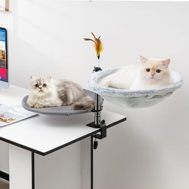 Крісло-лежанка для кота Uross на стіл - 360° обертання та регулювання висоти, м'яка гамачок для котів з 2 знімними чохлами, місце для сну для дому/офісу - для цілорічного використання (двошарове, сіре)