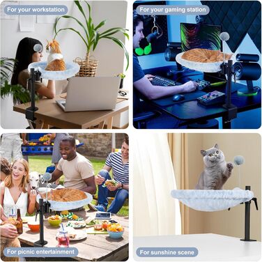 Крісло-гамак для кота Odoland - 360° обертання, регулювання висоти, м'яка лежанка для офісу, 2 знімні чохли, сірий колір