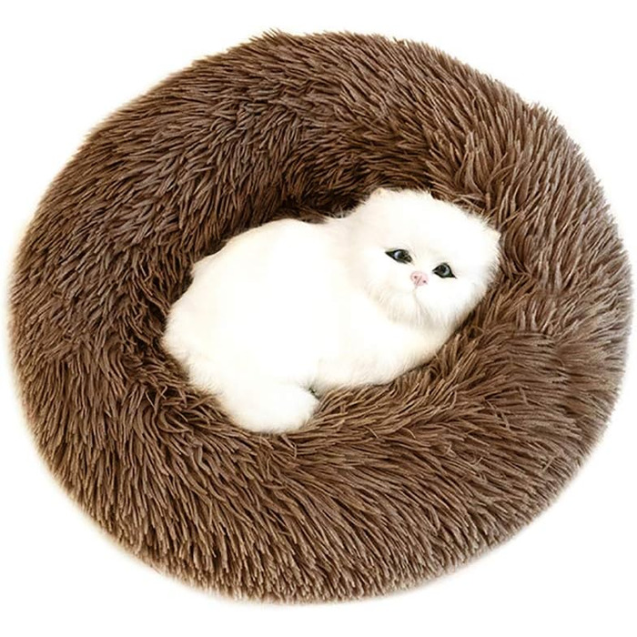 Кругле м'яке ліжко для собак та котів Deluxe з плюшу, форма пончика, діаметр 70 см, світло-коричневий колір, водонепроникне дно