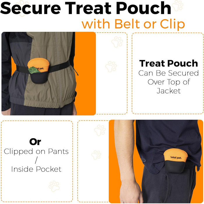 Ласощі для собак: силіконовий мішечок для ласощів з кліпсою та магнітною застібкою, з ремінцем, оранжево-чорний колір