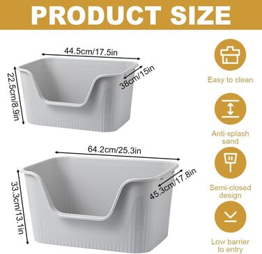 Відкритий лоток для котів Duscdesp 64x45x33 см з високим бортиком, сірий. Великий лоток для котів, без кришки, стійкий до розбризкування, підходить для великих котів та кошенят.