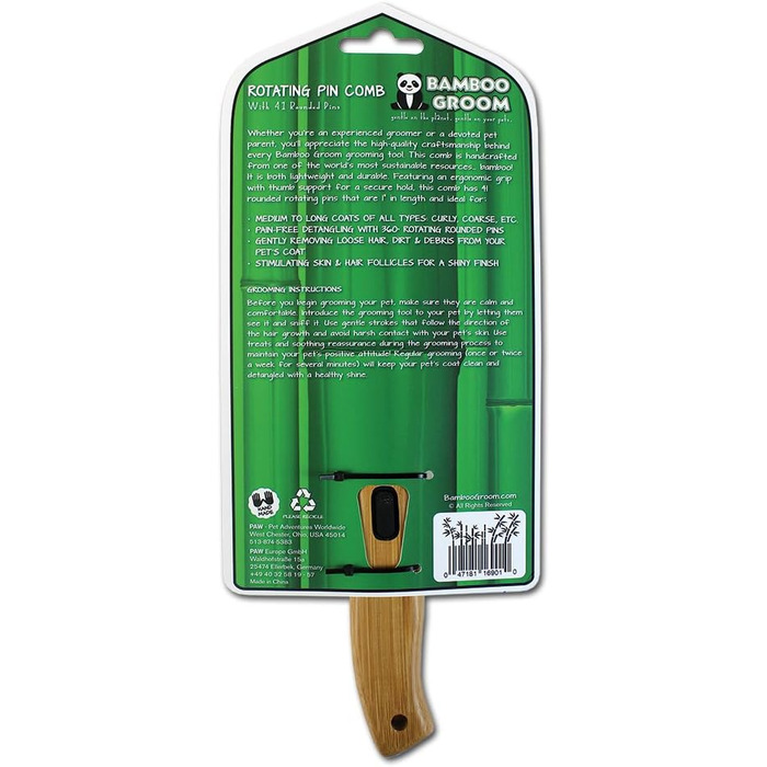 Гребінець з обертовими зубцями для догляду за шерстю собак та котів (41 зубчик) | З бамбука | Для довгої та кучерявої шерсті