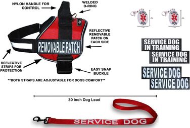 Шлея для службових собак Doggie Stylz, офіційний комплект: нашивки Service Dog + Service Dog in Training, світловідбивні, повідець 76,2 см, 2 ідентифікатори, обхват 30-42', червона