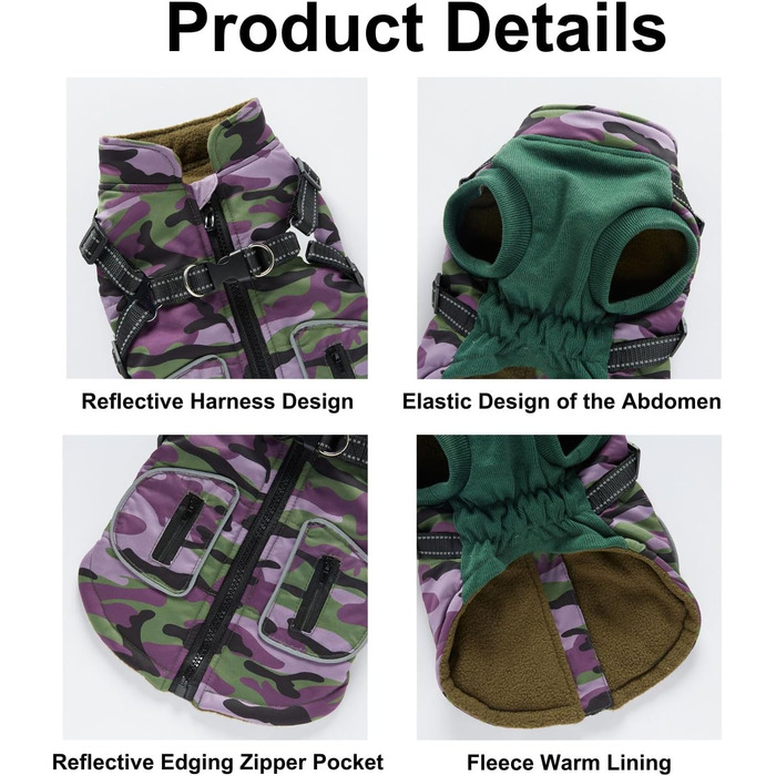 Зимовий теплий пуховик для собак з прорізами для зчеплення, вітронепроникна куртка для холодної погоди, бавовна, костюм для цуценят, маленьких та середніх собак, розмір XL (XL: Обхват грудей: 50 см, Стиль 8: фіолетовий камуфляж)