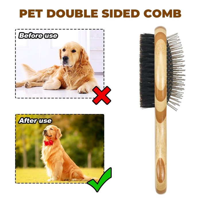 Двостороння щітка для грумінгу собак та котів з дерева, піни та щетини, для короткої та довгої шерсті (великий)