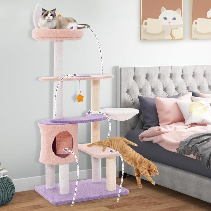 Кігтеточка для котів COSTWAY з будиночком, гамаком та іграшками, фіолетово-рожева (59x49x140 см)