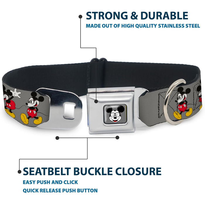 Нашийник для собак Buckle-Down Mickey Mouse з окулярами, сірий, повний колір, ширина 3.8 см, розмір 40-58 см