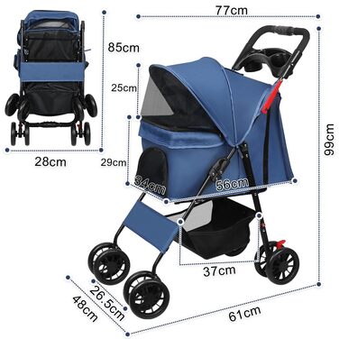 Дитяча коляска для собак та котів Homewell, складна, з ременями через плече, багажником та тримачем для напоїв, до 20 кг (блакитна)