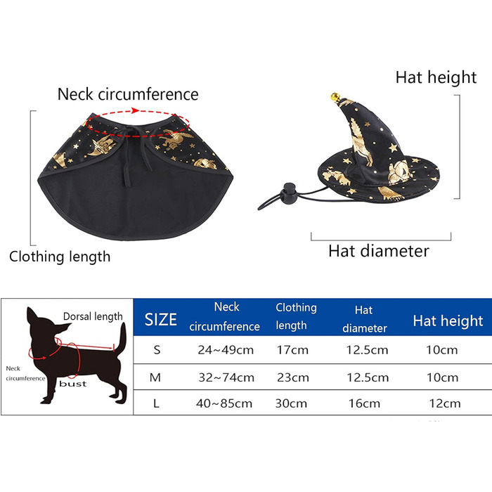 Костюм на Хелловін для собак та котів: плащ відьми та капелюх. Розмір M